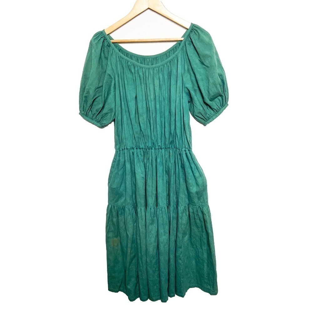 Vintage 70s Christian Joss green puff sleeve boho tapestry floral pocket dress